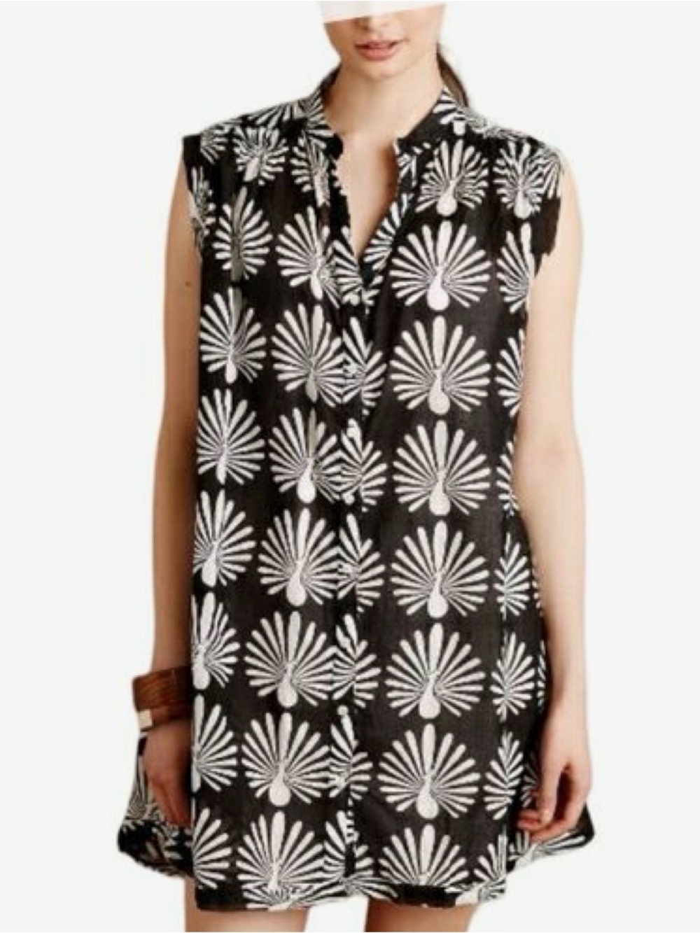 Sleeveless Black & White Peacock Print Tunic Top/Mini Dress
